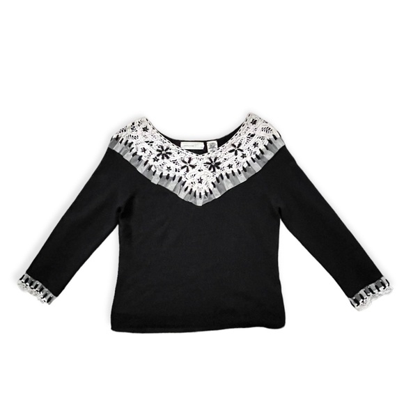 Anthropologie Sleeping on Snow Black Lambswool w/Cream Lace Detail Sweater, sz M - Picture 2 of 9